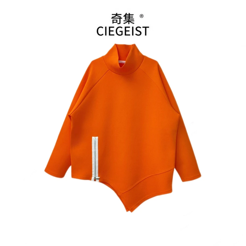 2026春装设计师款宽松大版不规则下摆开岔百搭半高领时尚卫衣2181