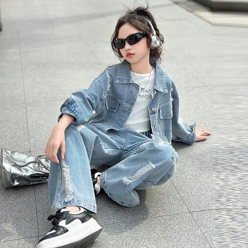 女童春装牛仔套装2025新款女孩韩版破洞牛仔裤洋气网红休闲两件套