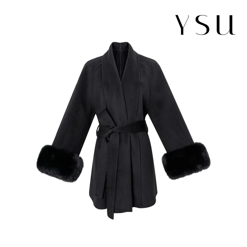 YSUYSU【余书】静奢风气质青果领双面呢宽松毛绒袖大衣外套Y303986