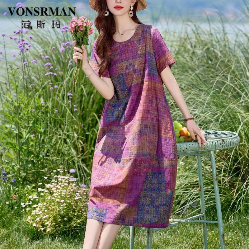 VONSRMAN复古印花连衣裙女夏季新款休闲气质宽松遮肚子显瘦直筒裙