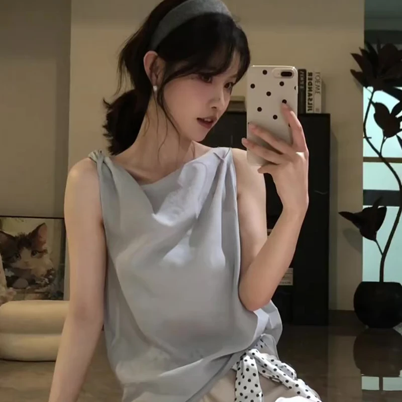 气质温柔风设计感荡领吊带背心女2025年夏季新款韩系时尚百搭上衣