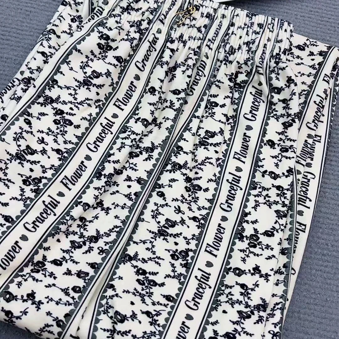 夏季小个子薄款红玫瑰印花冰丝直筒防蚊阔腿长裤