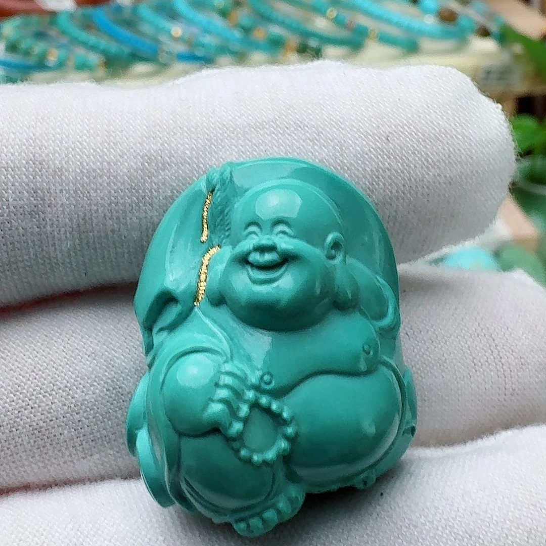 绿松石未镶嵌高瓷高绿精雕弥勒佛牌