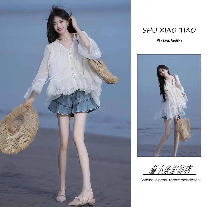 夏季2025新款一整套女装韩系穿搭氛围感蕾丝拼接衬衣牛仔喇叭短裤