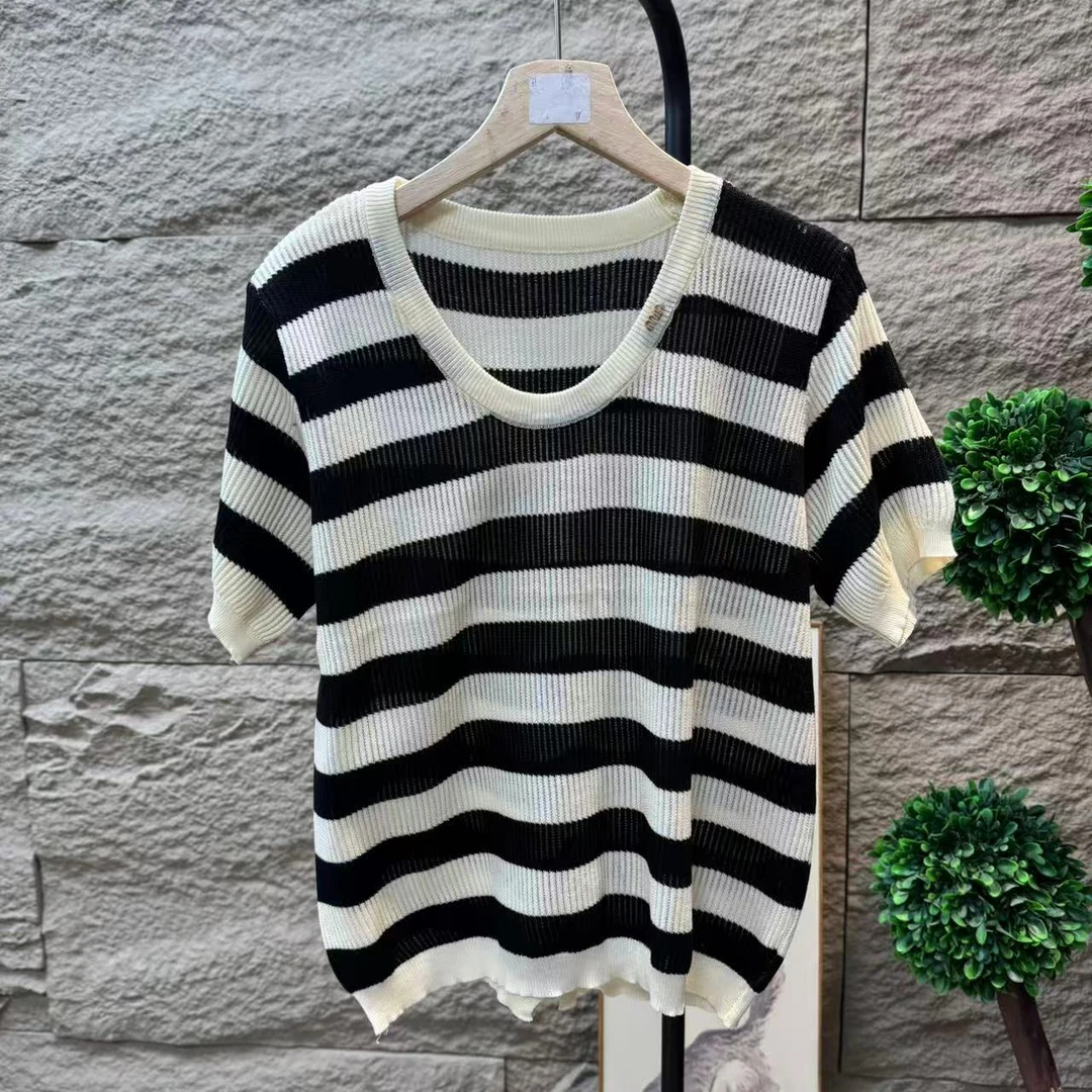 13013新款夏季简约百搭休闲条纹针织T恤