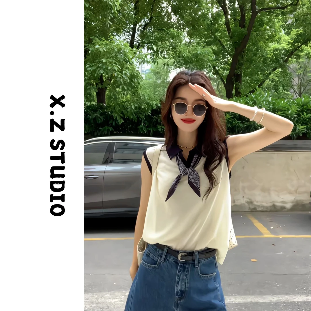 X.ZHEN【老钱风撞色翻领配丝巾针织衫】休闲百搭针织衫时尚洋气针织