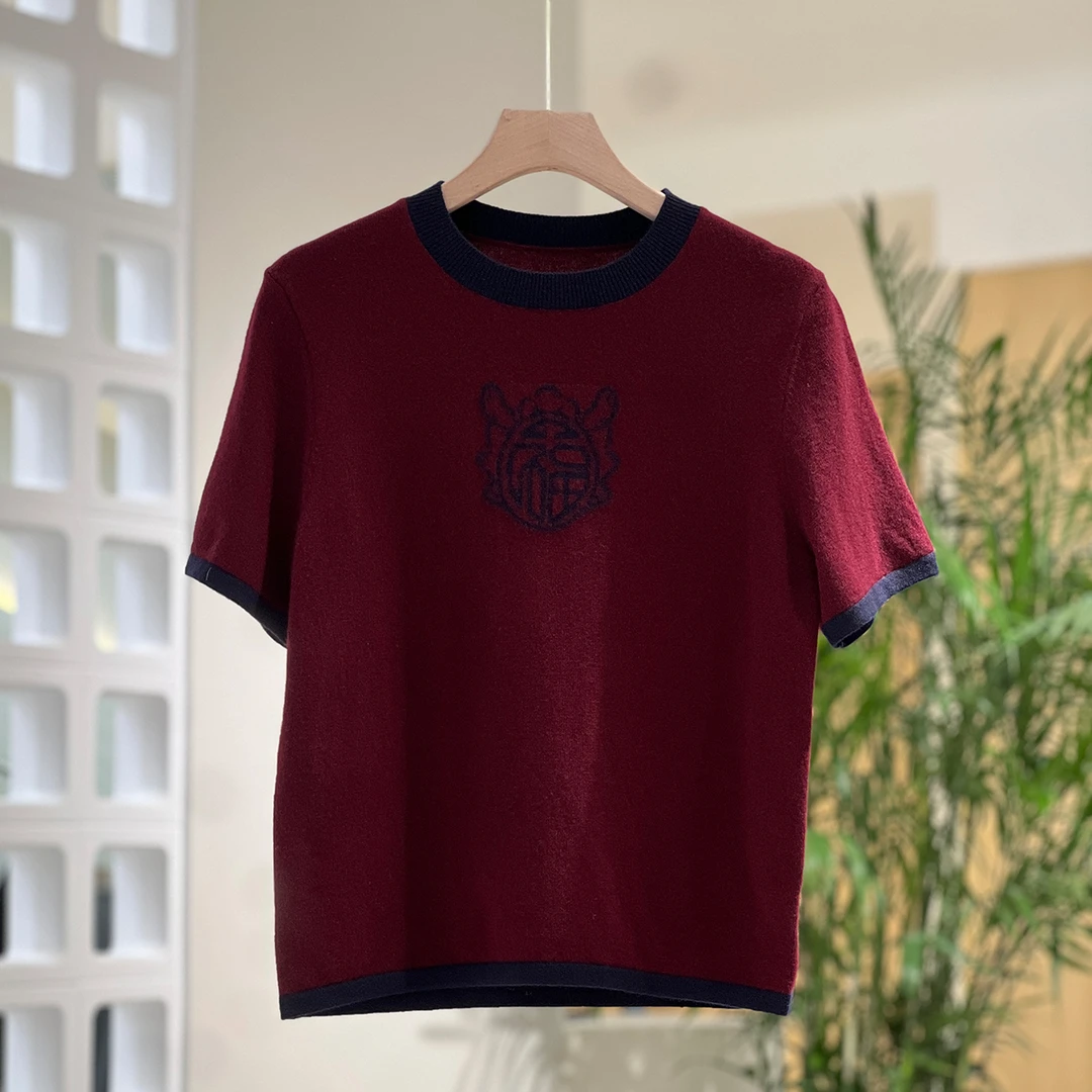 【絮薇】2025春季新款纯羊毛高级感撞色钩花圆领针织短袖-8019圆领