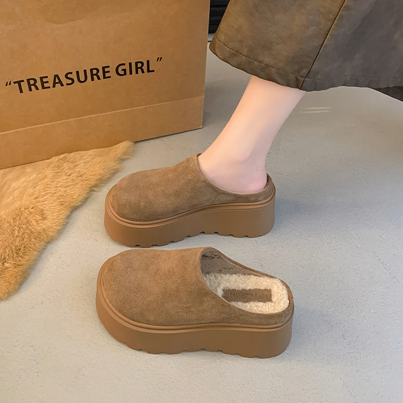 7CM 超火法式松糕博肯包头半拖鞋女2025加绒秋冬小个子懒人拖鞋