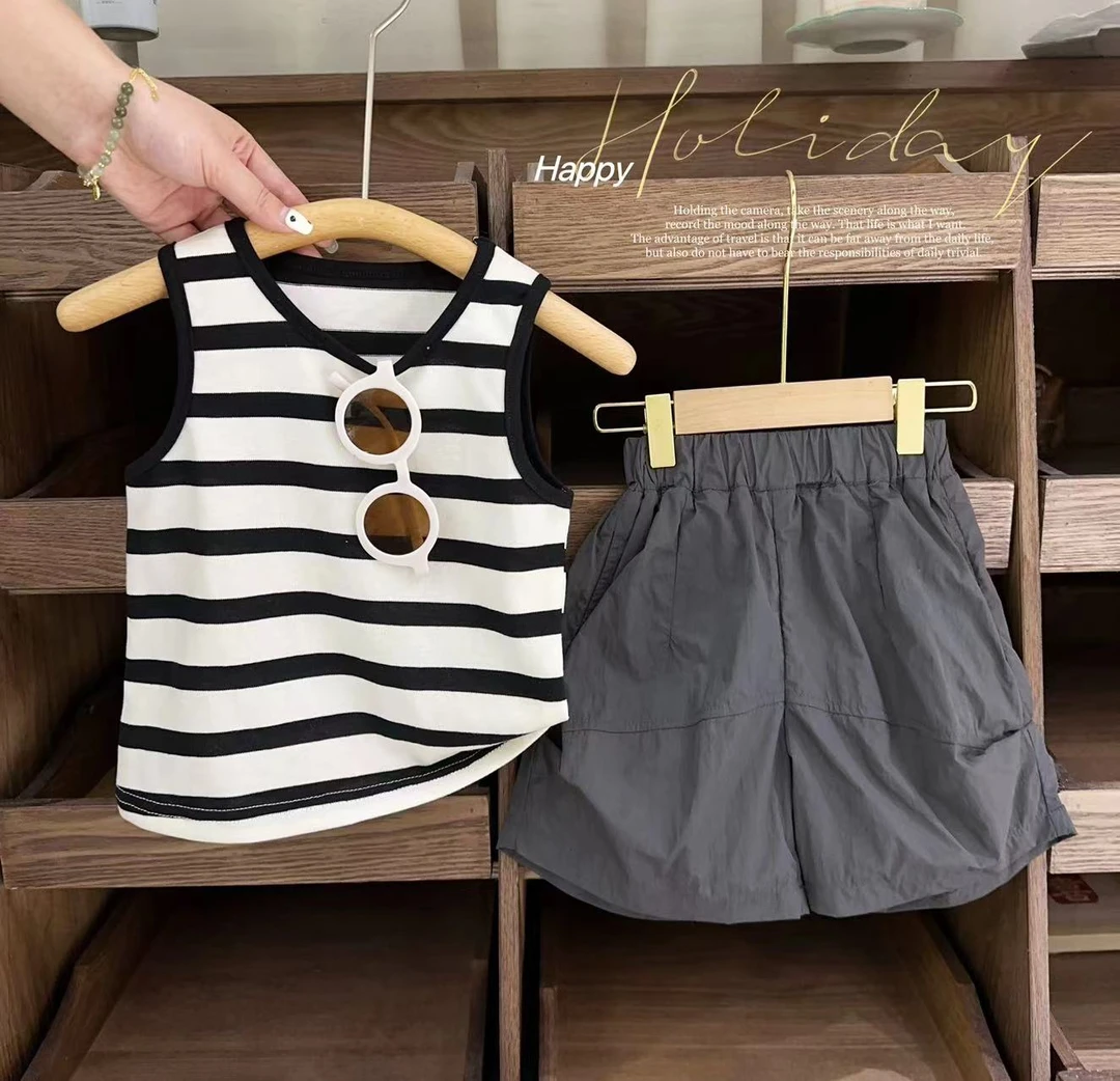 【山系OOTD】汤圆家童装2025夏季韩系简约条纹工装裤套装 YA-2132