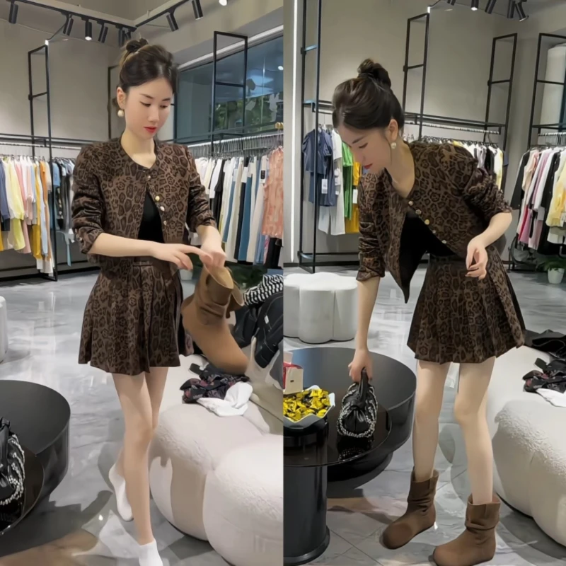 时尚显瘦气质女士洋气豹纹上衣搭配百褶裙套装