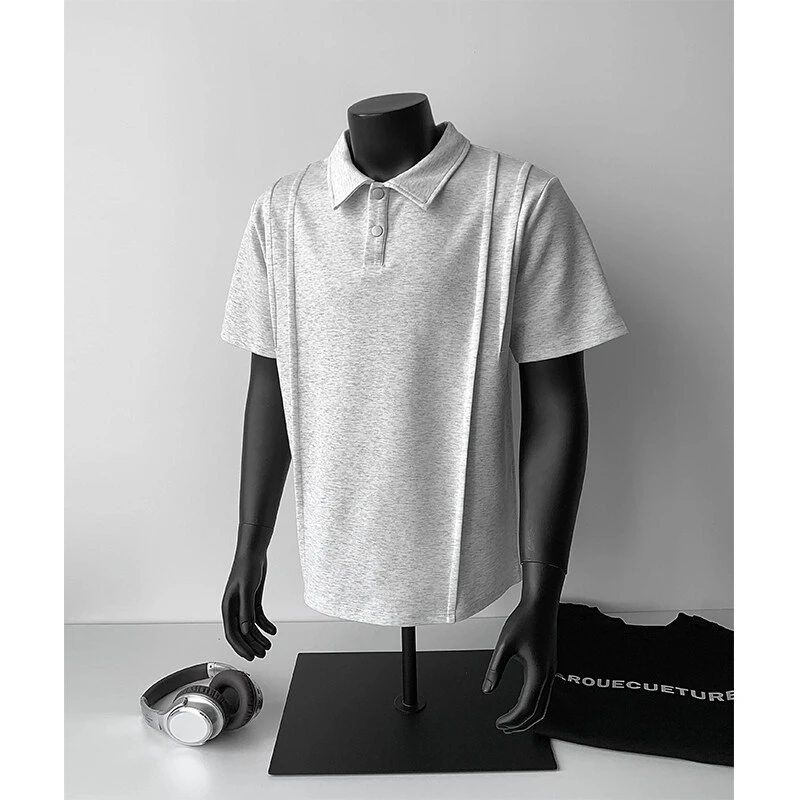 美式解构褶皱polo领短袖t恤男款夏季280g重磅cleanfit半袖五分袖