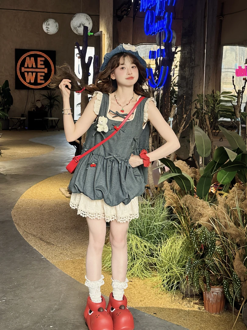 灵灵自制〖夏日悠悠〗法式甜美樱桃蝴蝶结牛仔半裙套装小熊需单拍