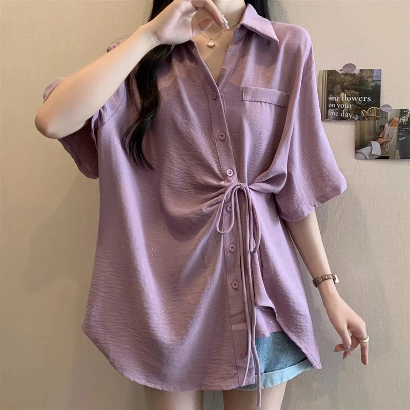 A大码遮肚子慵懒风POLO领衬衫夏季韩系胖MM百搭宽松短袖遮肉上衣