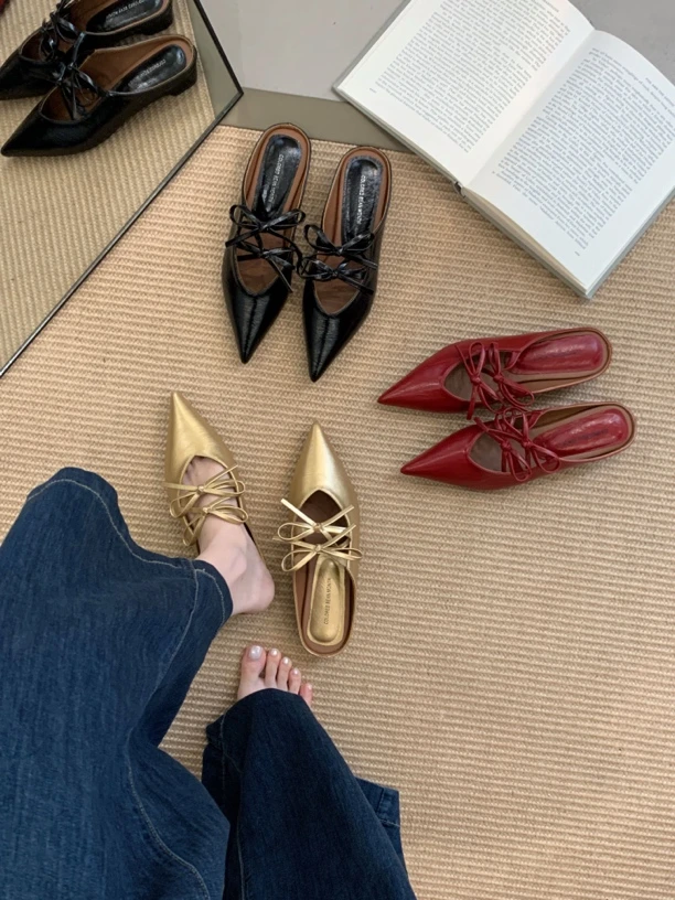 安安家 6730-5 2025年时尚百搭外穿小众气质蝴蝶结绑带包头拖鞋