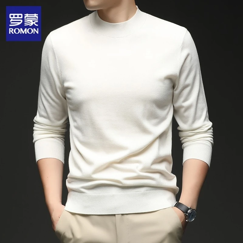 罗蒙半高领毛衣男士秋冬新款休闲白色打底线衣慵懒风针织衫冬季男