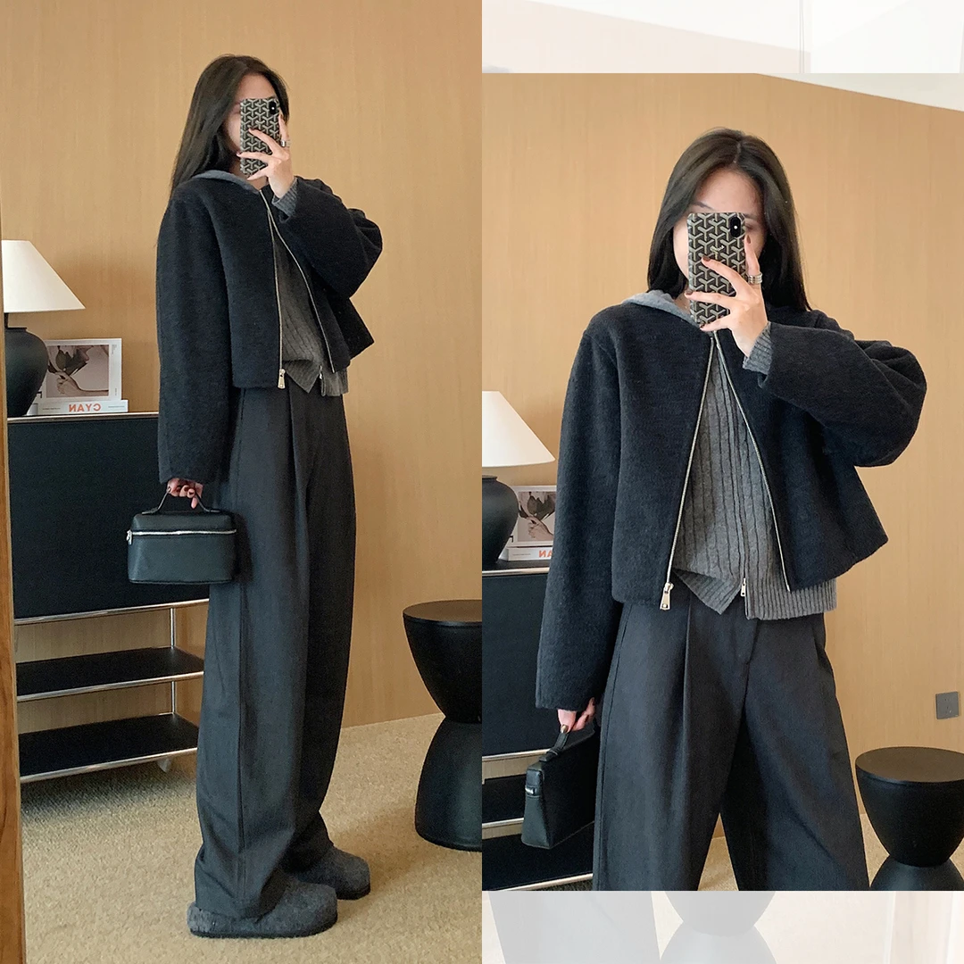 大叮自制【气质双面呢】定制羊驼羊毛混纺圆领拉链短款大衣！S6431