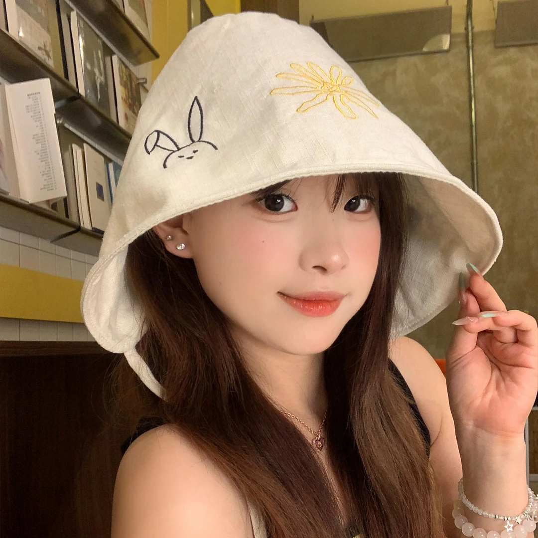 卡通刺绣小兔子绑带渔夫帽女夏季休闲百搭显脸小遮阳防晒太阳帽子