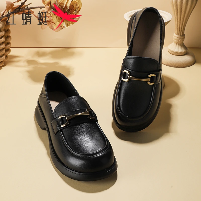红蜻蜓女士休闲鞋乐福鞋春季时尚休闲百搭真皮商务黑色厚底乐福鞋