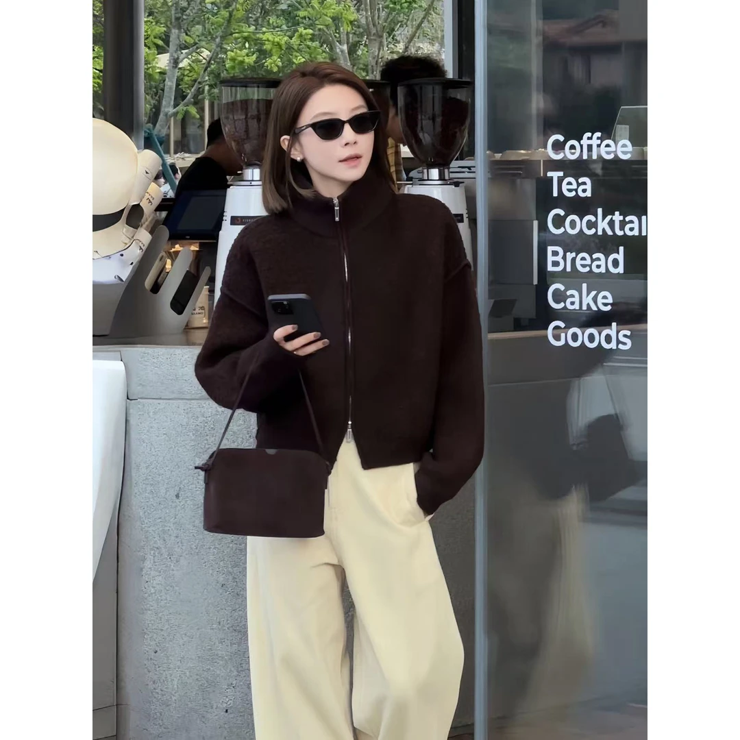 【老板周】复古风格 冬季新品细腻颗粒感咖啡豆开衫外套