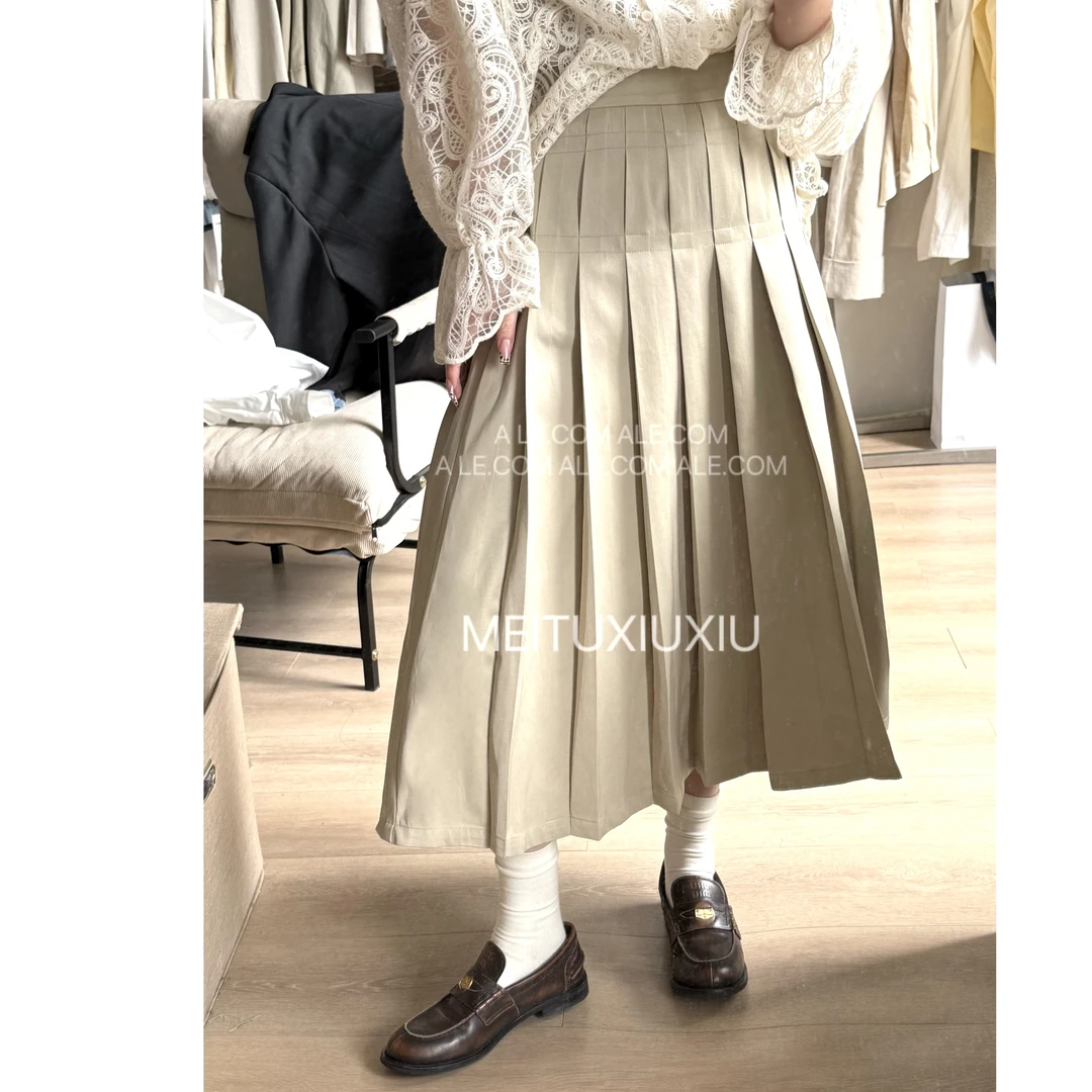 【阿乐家】大码微胖“学院风jk”设计感高腰压烫百褶半身裙
