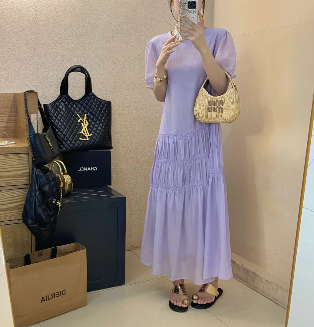 夏季新款高级感韩系连衣裙显瘦气质时尚褶皱休闲百搭设计感宽松