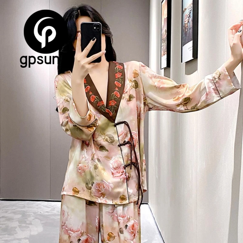 GPSUNLU冰丝睡衣女春秋款2025新款高级感甜美风印花盘扣家居服