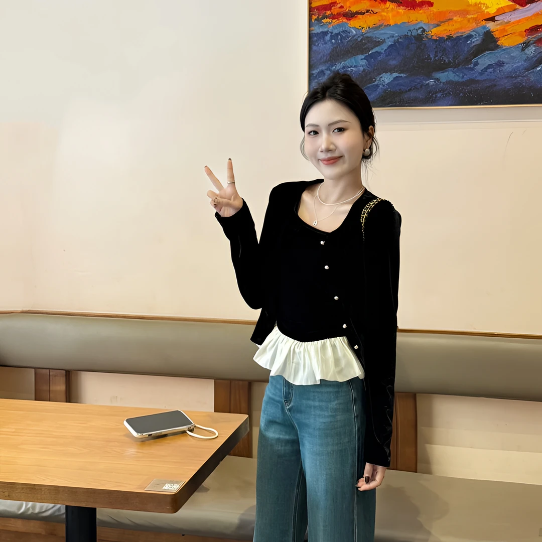 【爱丽丝】秋季甜美气质拼接木耳边新款显瘦丝绒吊带+外套套装