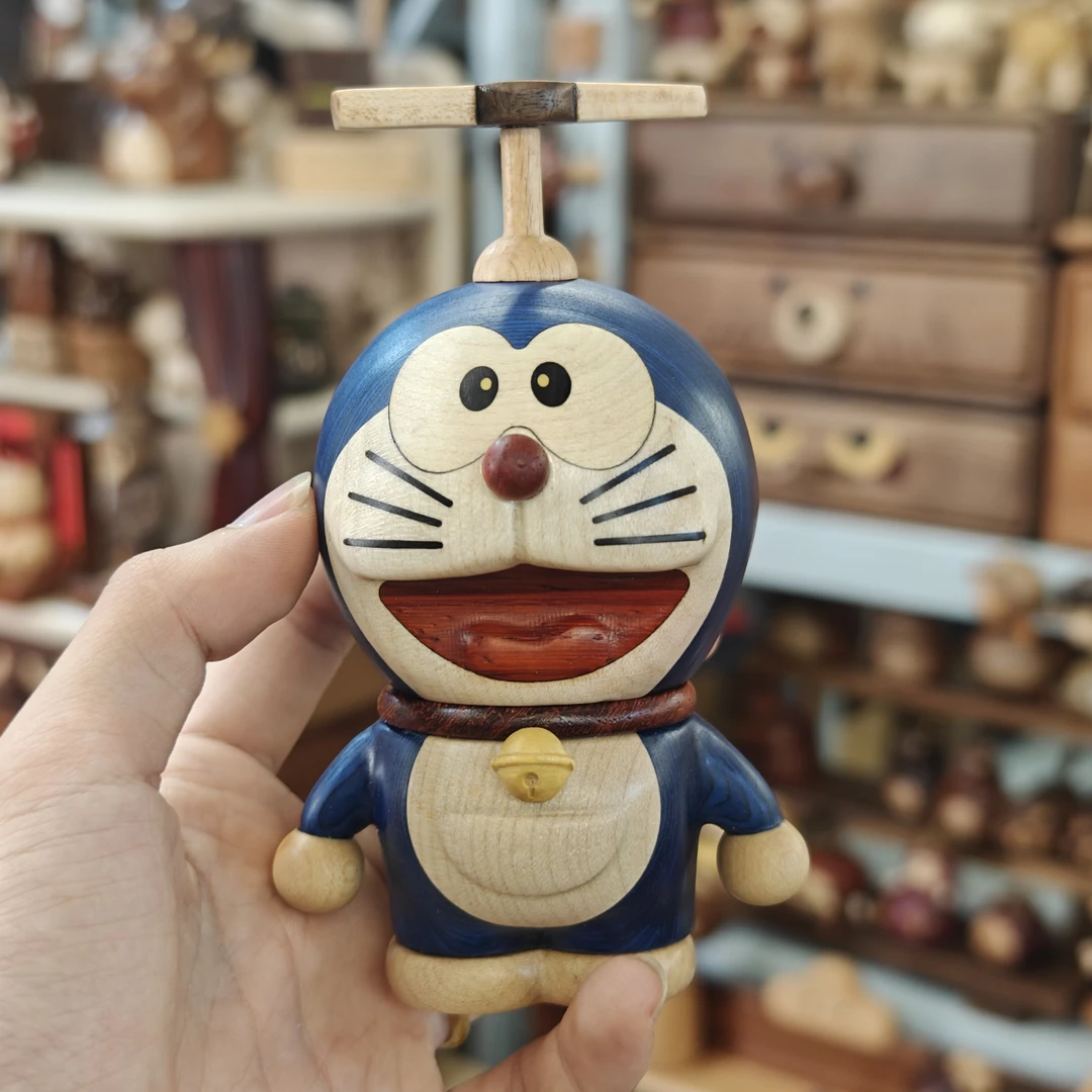 Joe的小作坊/蓝色哆啦A梦装饰品木制原木木雕木质实木桌面摆件