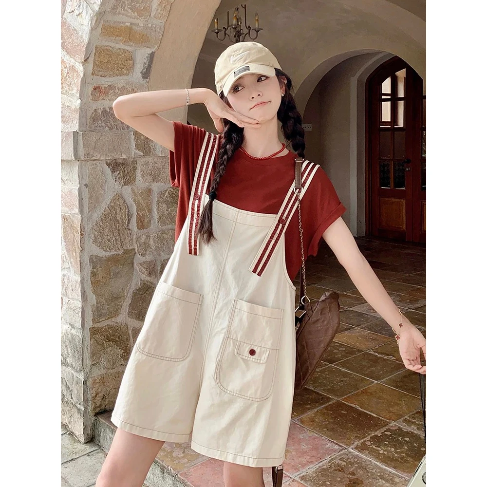 现货 孕妇枣红色t恤夏季2025新款盐系减龄学院风休闲两件套