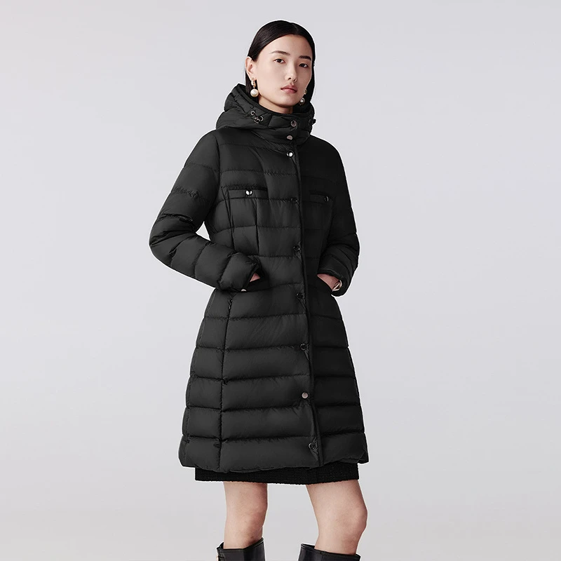 【匈牙利白鹅绒】LANCY/朗姿2025冬新款气质修身连帽长款羽绒服女LC