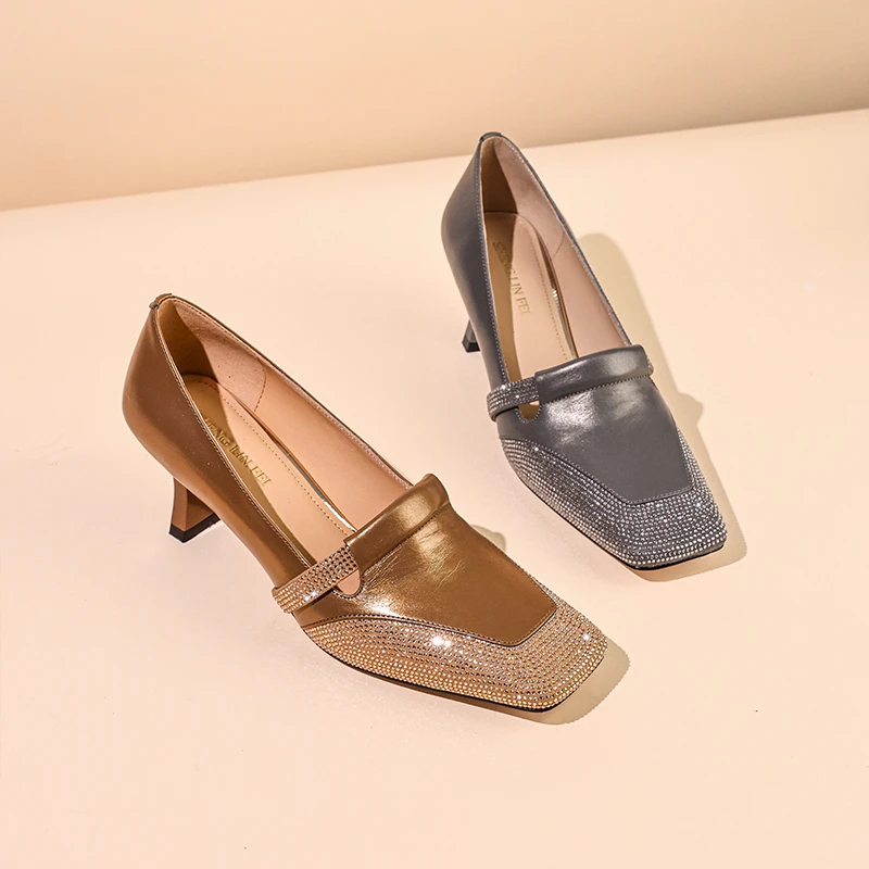 圣琳妃/牛皮/5CM欧美风气质方头高跟鞋女百搭真皮粗跟水钻D20033