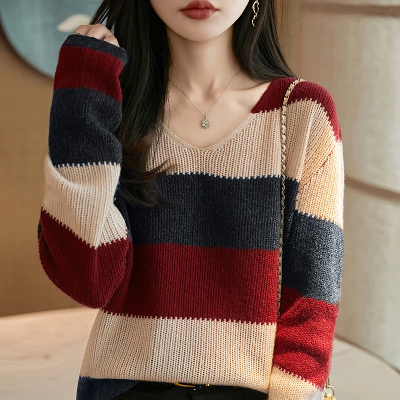MZ.女士秋冬款撞色条纹精纺羊毛针织衫V领显瘦上衣NSY068
