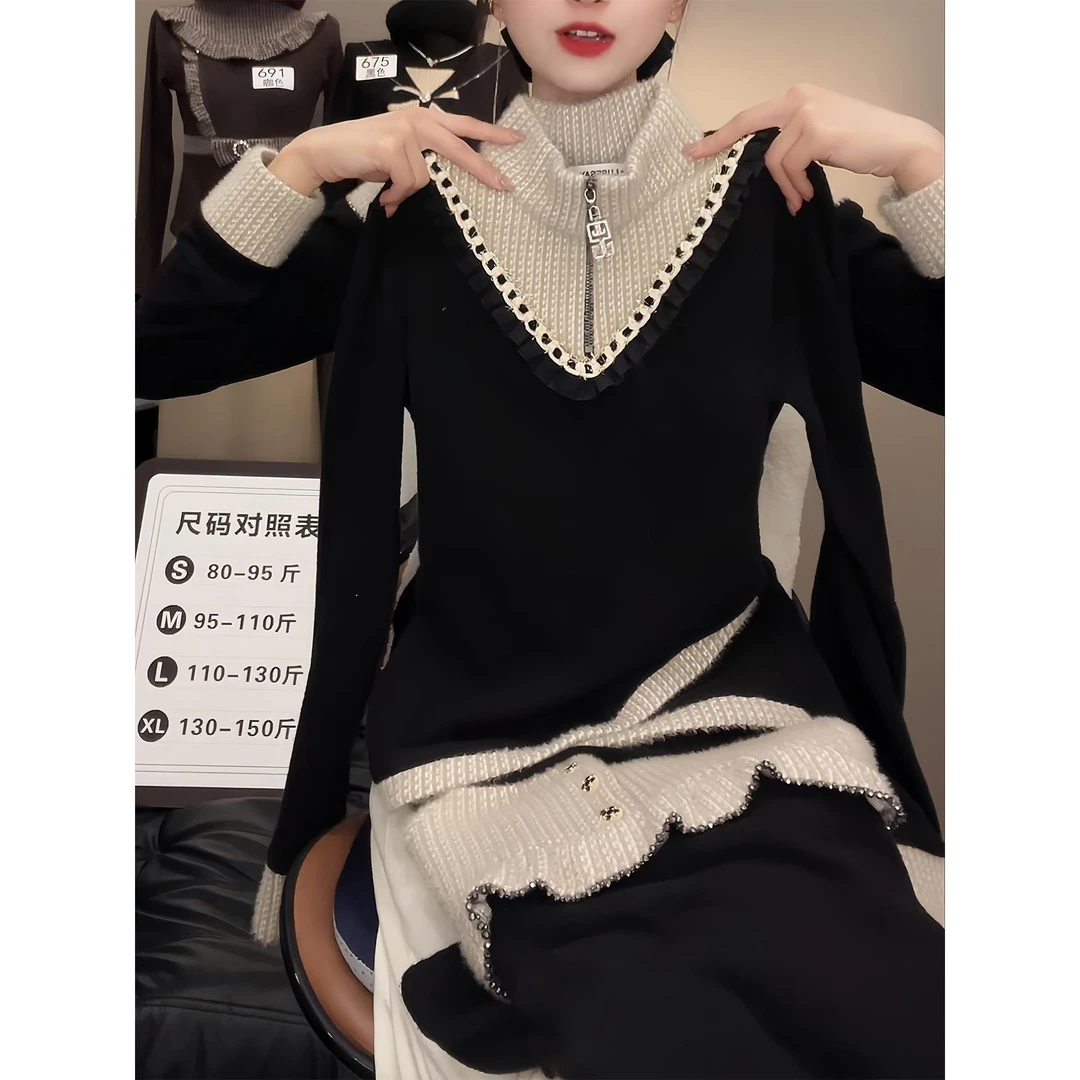 时尚半拉链立领设计感假两件针织衫冬季新款气质显瘦内搭打底上衣