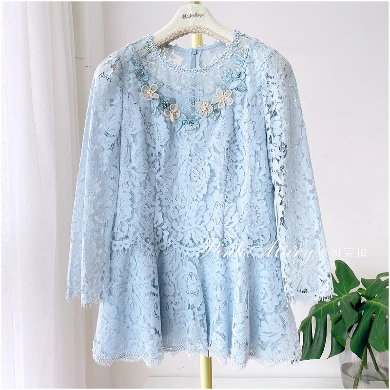 pink mary粉红玛琍水蓝色圆领长袖上衣女时尚甜美衬衫PMAGW101250