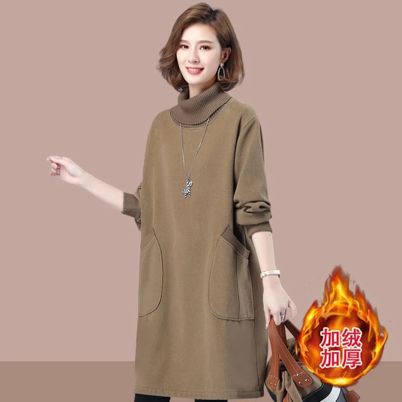 高级感简约休闲高领卫衣女2025秋冬时尚妈妈加厚保暖中长款连衣裙