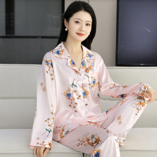 冰丝睡衣女夏季女装套装长袖长裤仿真丝睡衣休闲轻奢款大码家居服