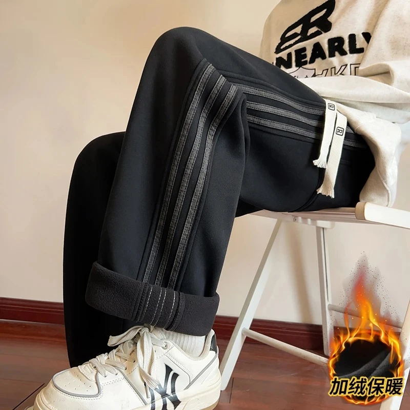 秋冬季水洗百搭加绒加厚直筒卫裤青少年初高中生宽松休闲长裤男