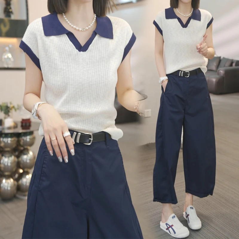 2025夏季新款洋气减龄V领短袖休闲裤两件套女士时尚休闲减龄套装