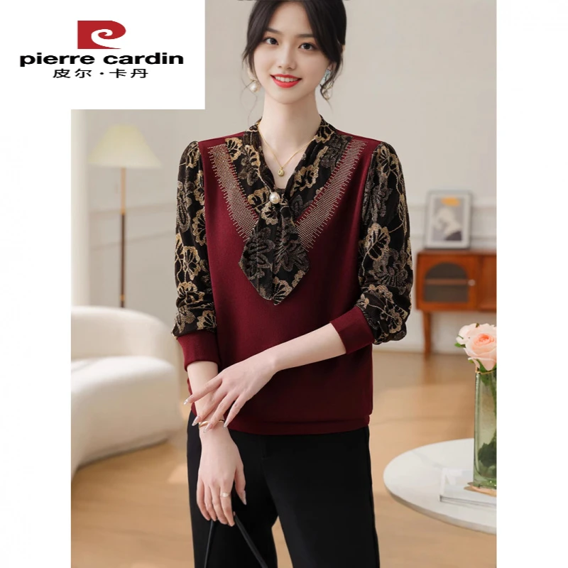 皮尔卡丹2025新款妈妈春秋棉质T恤小衫洋气质中年妇女蕾丝拼接打