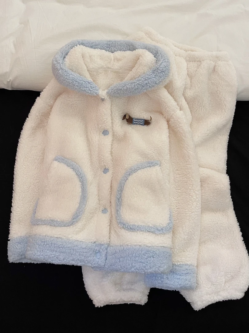 【DMXJ大梦想家】韩版可爱小狗连帽珊瑚绒睡衣女冬珊瑚绒家居服套装