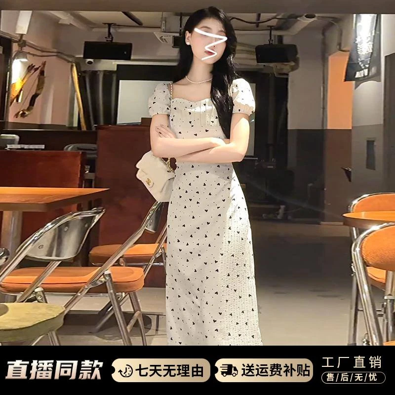 DJ3702法式气质方领连衣裙新款女夏季小个子显高端精致设计感长裙