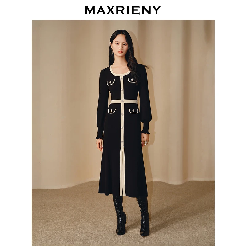 【蜜思仝】MAXRIENY风连衣裙冬季新款撞色针织裙子小香风气质轻奢