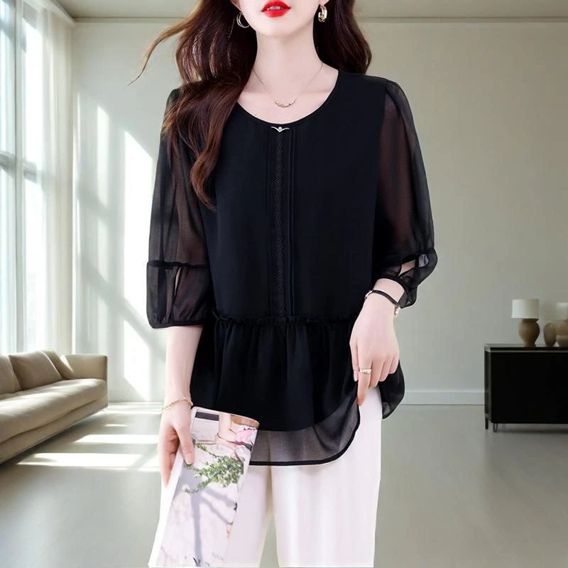 七分袖雪纺衬衫女2025新款夏季感宽松遮肚子洋气妈妈上衣
