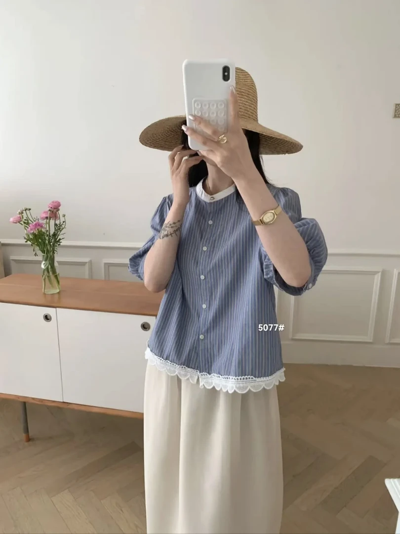 小众设计感夏季中袖 棉 圆领拼接时尚森系衬衣条纹衬衫袖衬衫