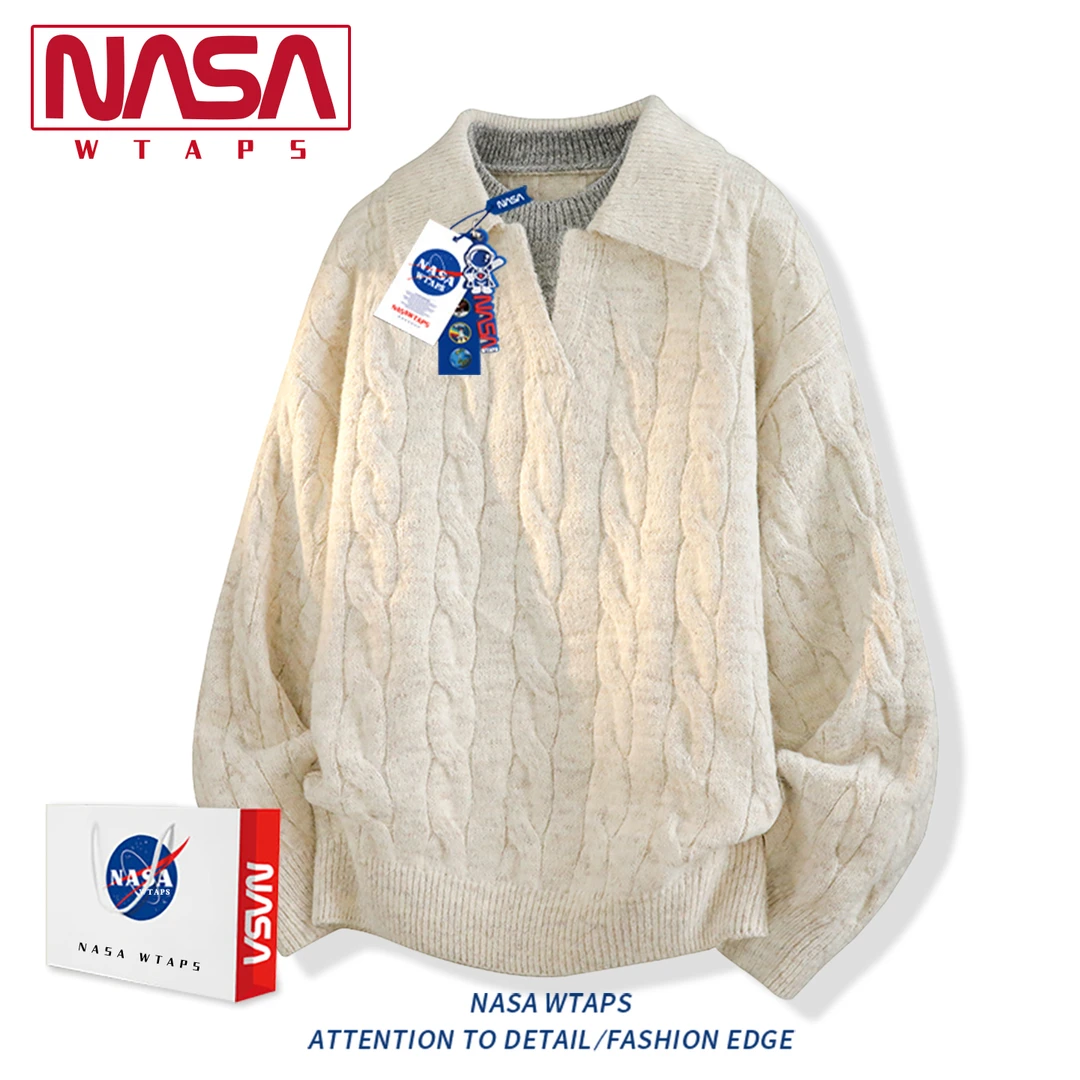 NASA WTAPS美式复古假两件毛衣男秋季慵懒高级感翻领打底针织衫潮