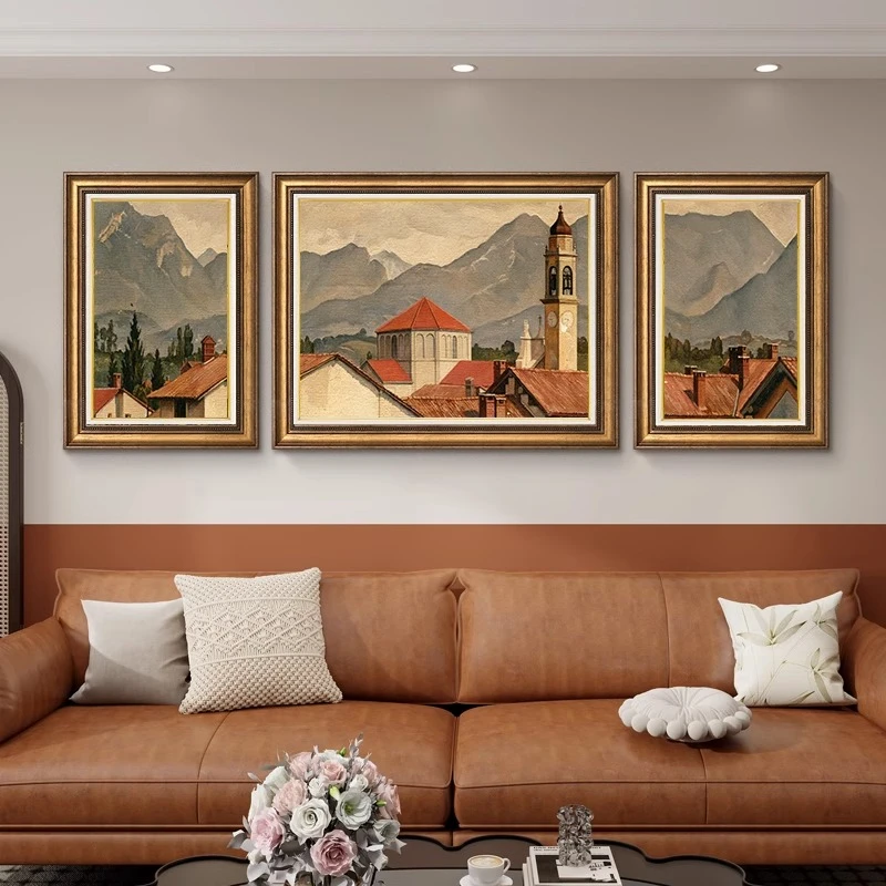 美式装饰画客厅沙发背景墙挂画高档大气欧式三联画油画氛围装饰画