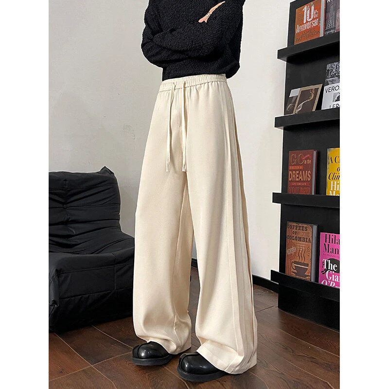 美式潮流春季新款褶皱设计男士西裤纯色简约宽松百搭直筒休闲长裤