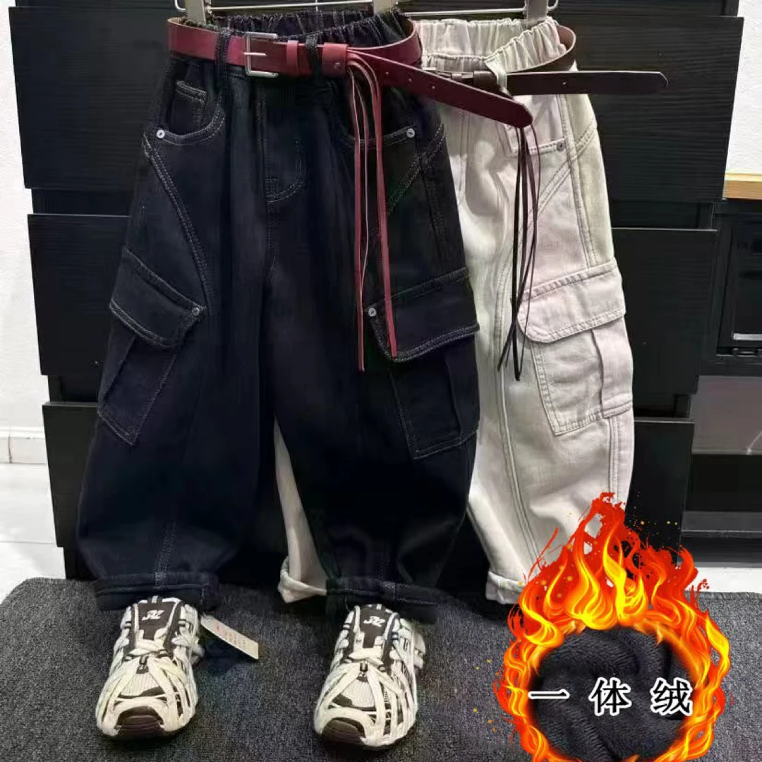 加厚一体绒新款儿童牛仔裤韩版男女童裤子中大童宽松加厚老爹裤