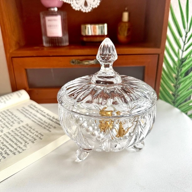 欧式创意轻奢水晶玻璃糖缸复古带脚糖果罐家用透明带盖收纳储物盒
