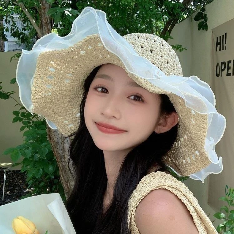 蕾丝草编太阳帽子女大帽檐夏季透气草帽海边遮全脸遮阳防晒帽子潮